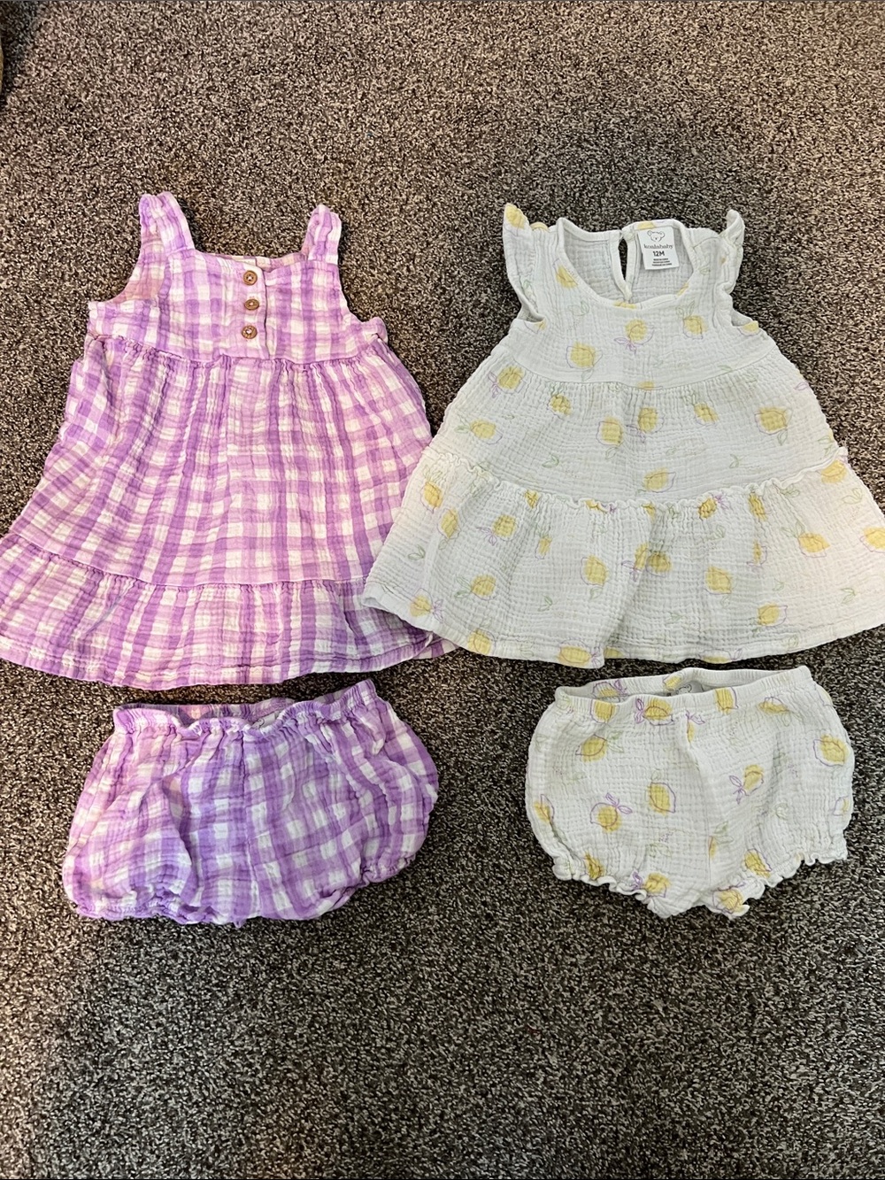 Lightly worn girls’ 12M Dress/Bloomers Set - purple gingham & lemon fruit design
